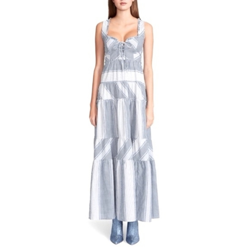 Betsey Johnson Blue and White Ruffle Corset Gingham Maxi Dress